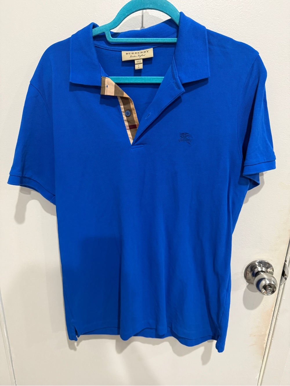 Burberry Royal Blue Polo with Signature Check Placket